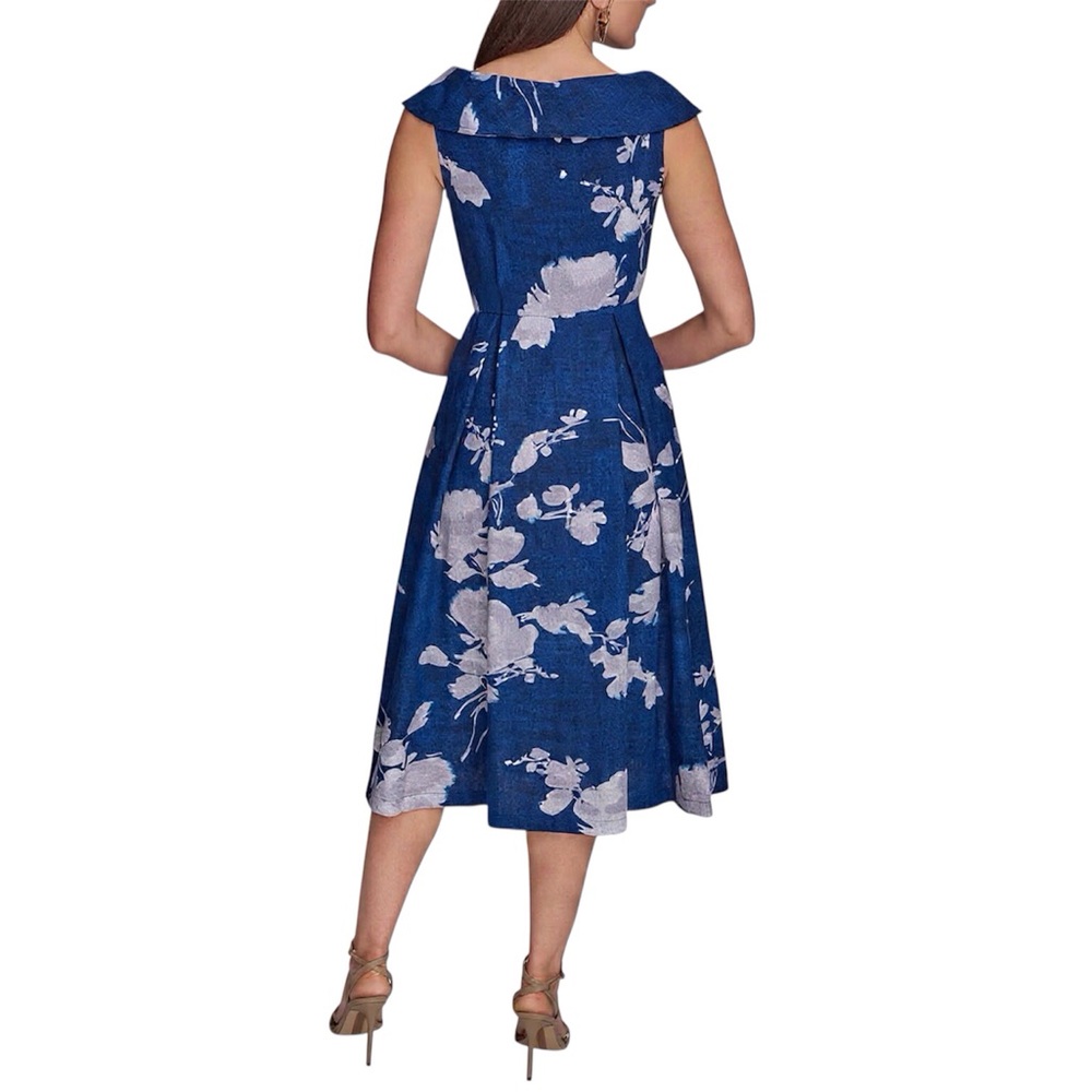 Donna Karan Floral Linen Blend Dress A Line Blue V Neck Button Front Size 2 - Picture 3 of 7